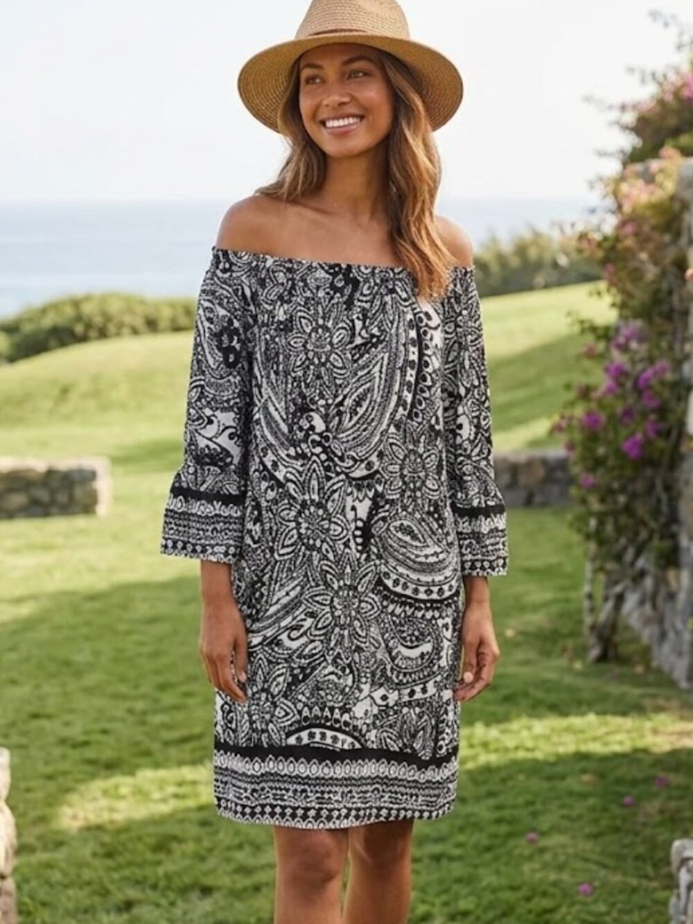 Umgee USA Women Medium Black White Lightweight Dress 3/4 Sleeves Vacation Travel
